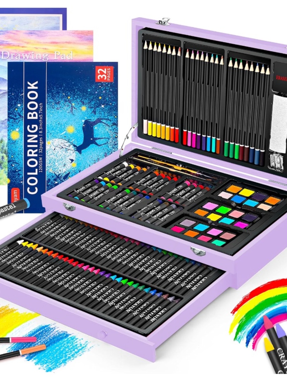 Purple Art Supply Storage Case with Complete Art Set (150 pcs)